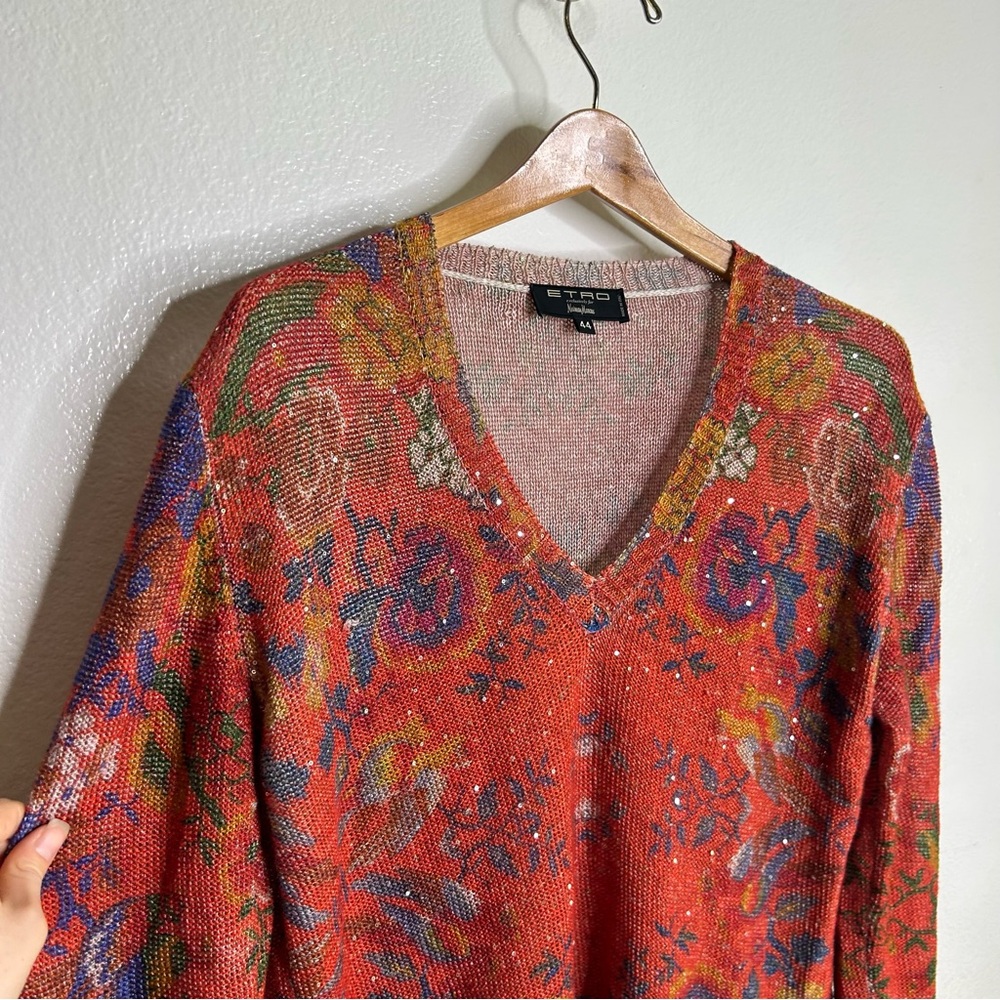 Etro 100% Linen Red Multicolor Floral Paisley Knit Pullover Sweater 44/ M - Picture 4 of 16